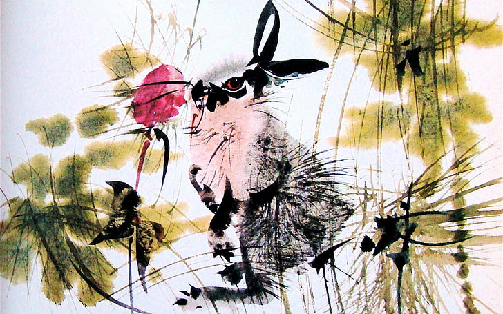 black and brown rabbit artwork, hare, watercolor, style, illustration