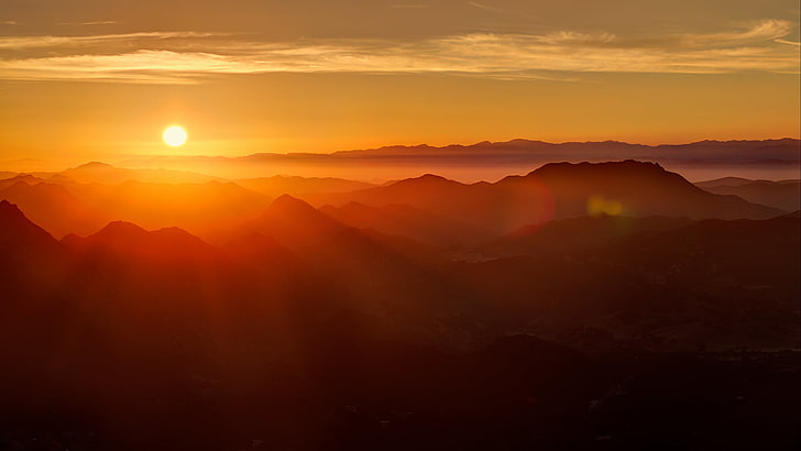 silhouette of mountains during sunset wallpaper, rays, dawn, sunlight, HD wallpaper