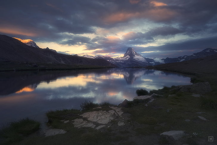 mountain beside body of water, dark, sky, nature, landscape, mountains, HD wallpaper