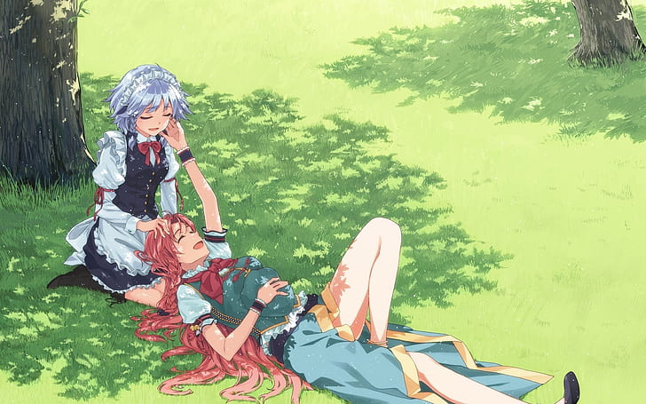 anime girls, lying down, grass, maid