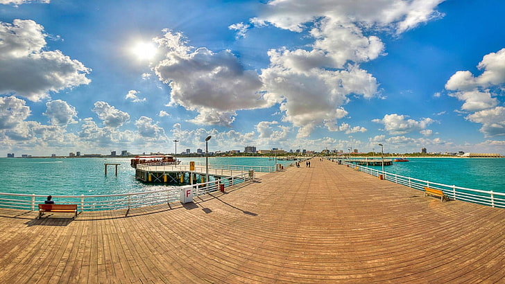 iran, kish island, pier, dock, sky, sunlight, vacation, cloud, HD wallpaper