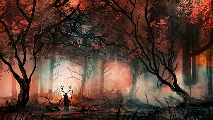 person walking at forest illustration, fantasy art, trees, hero, HD wallpaper