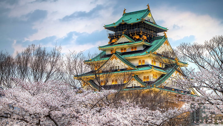 spring, osaka castle, japanese castle, trees, sky, HD wallpaper