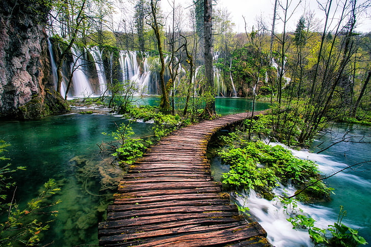 plitvice lakes national park, croatia, waterfalls, trees, wood bridge, HD wallpaper