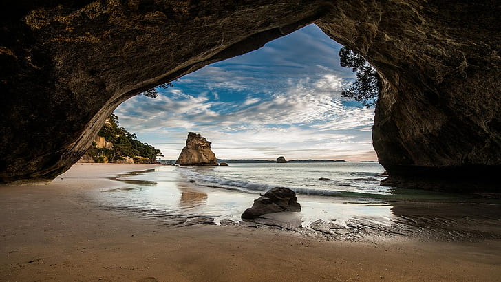 brown cave, cathedral cove, New Zealand, water, rock, rock - object, HD wallpaper