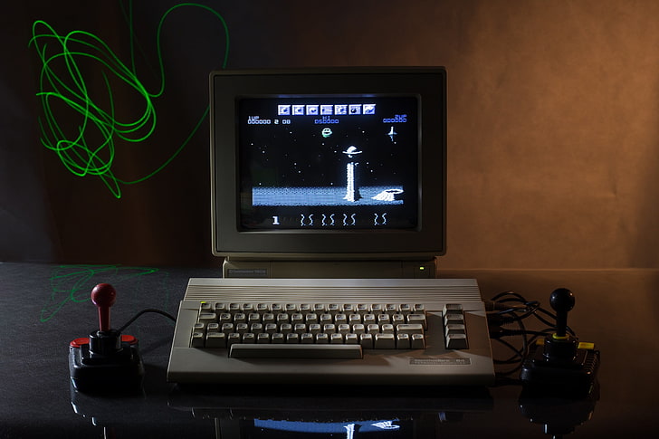 black and gray HP laptop, retro games, computer, joystick, Commodore 64