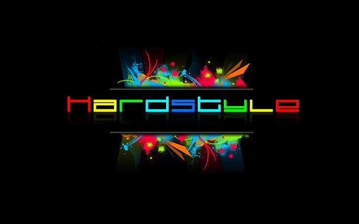 Hardstyle logo, music, black, typography, colorful, illuminated