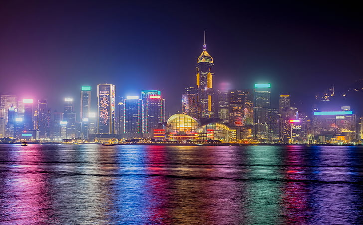 photograph of city, Hong Kong, Skyline, Nightscape, 4K