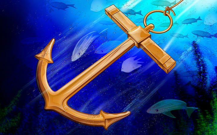 Anchor In Deep Blue, water, 3d, fish, 3d and abstract