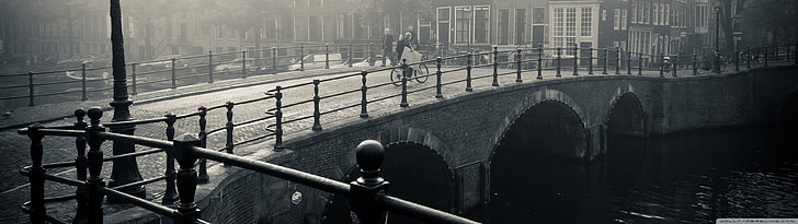 grayscale photography of bridge, multiple display, Netherlands, HD wallpaper