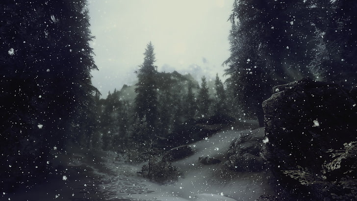green pine tree, snowy mountain photo during daytime, artwork