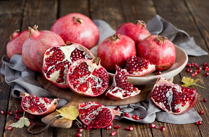 pomegranate, autumn, leaves, grain, yellow, plate, red, Board, HD wallpaper