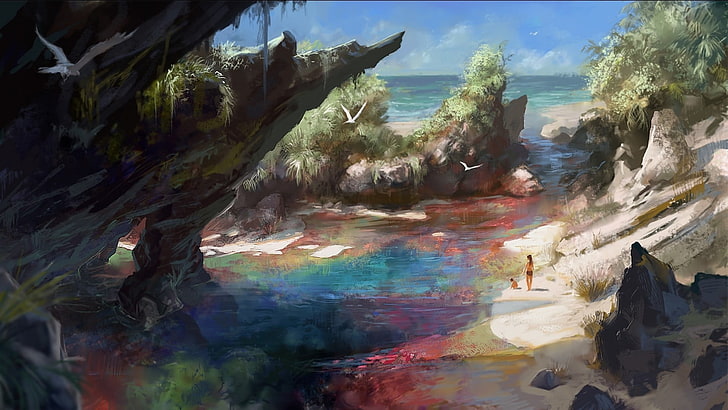 body of water between rock formations and plants painting, artwork