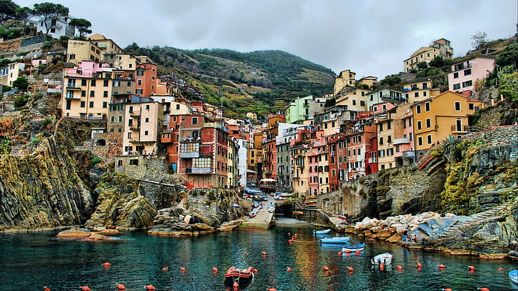 Cinque Terre, Italy, sea, hills, building, house, HDR, colorful