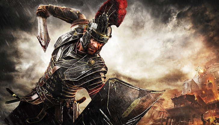 gladiator digital wallpaper, clouds, rain, sword, warrior, Rome