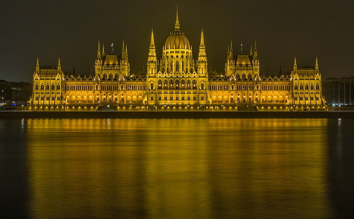 Budapest, brown building, Europe, Hungary, Lights, River, Water, HD wallpaper