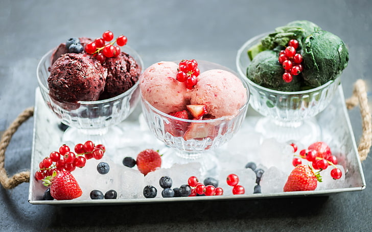 dessert, berries, fruit, ice cream, food, blueberries, strawberries, HD wallpaper
