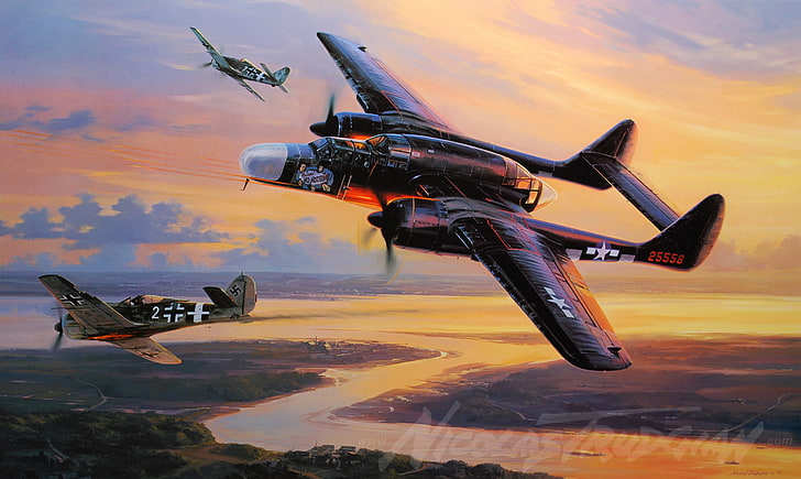 fighter plane digital wallpaper, the plane, painting, P-61, Black Widow