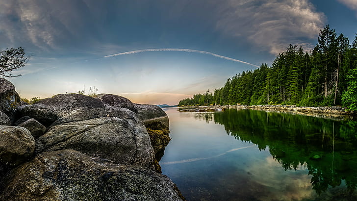 lake center of white-and-black stones and green forest over horizon, HD wallpaper