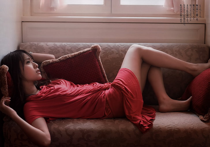 women's red dress, Asian, couch, cushions, model, legs, furniture