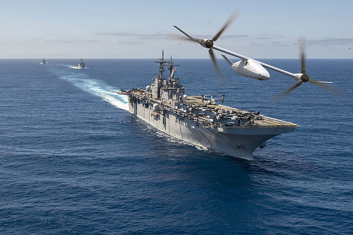 gray warship with jet fighter on sea, Bell V-247 Vigilant, Bell Helicopter