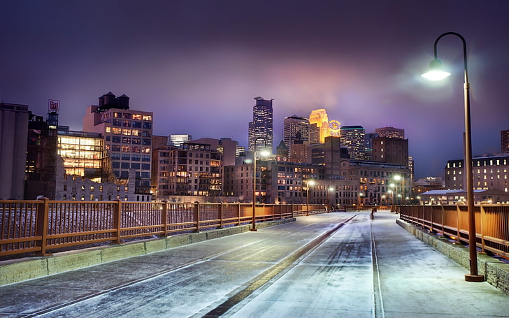 Minnesota, winter, HDR, Stone Arch Bridge, Minneapolis, cityscape, HD wallpaper