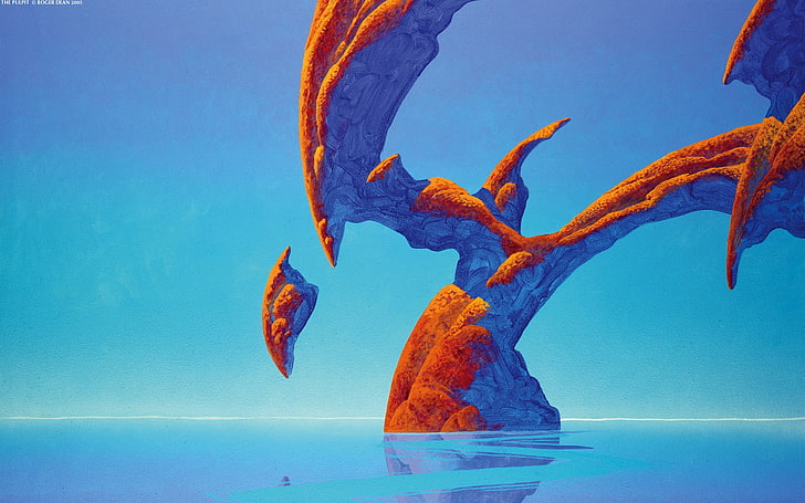 Roger Dean, rock formation, fantasy art, sea, water, blue, nature
