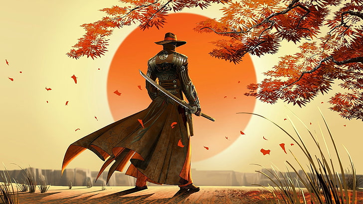man holding sword digital wallpaper, Sun, katana, art and craft