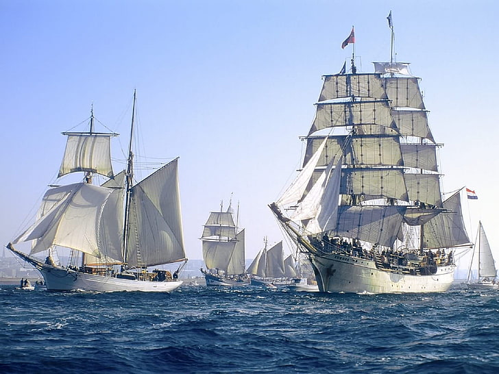 white clipper ships, sailing ship, sea, people, boat, nautical vessel, HD wallpaper