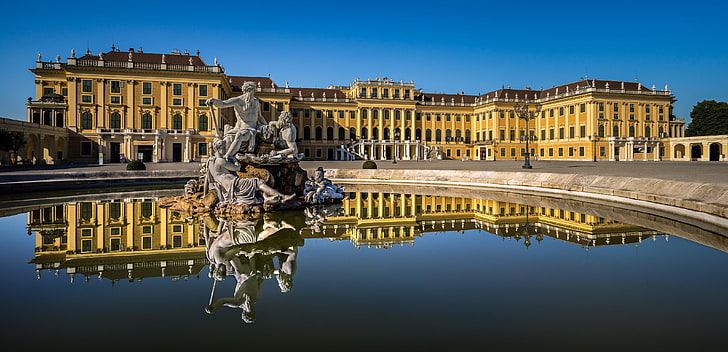 water, reflection, Austria, fountain, sculpture, Palace, Vienna, HD wallpaper