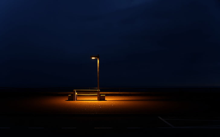 bench and street post, night, lamp, illuminated, sky, no people, HD wallpaper