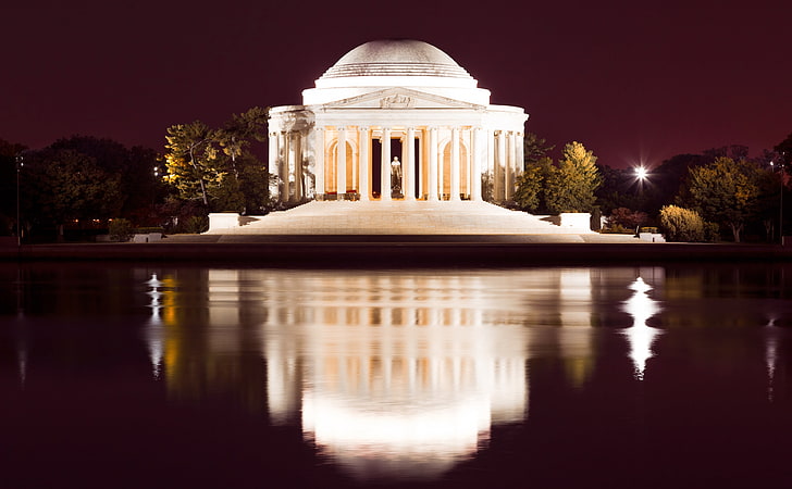 Thomas Jefferson Memorial at Night, white concrete tower, Aero, HD wallpaper