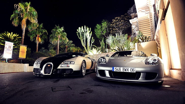 silver Porsche coupe, Bugatti Veyron, Porsche Carrera GT, mode of transportation