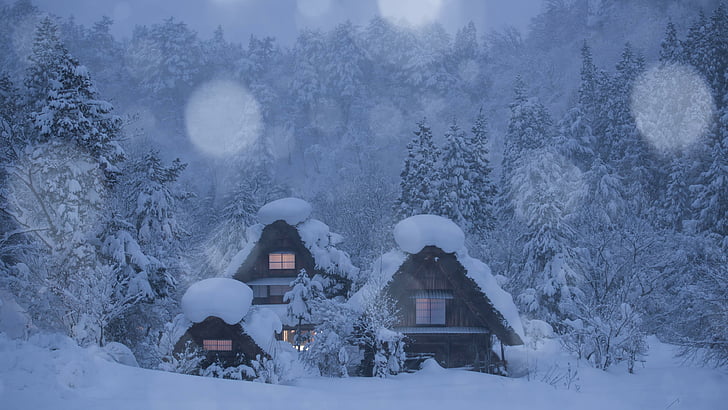 blizzard, snowfall, snowy, cottage, village, mountain village, HD wallpaper