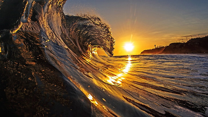 ocean wave, sea, sunrise, island, sunset, water, sky, beauty in nature