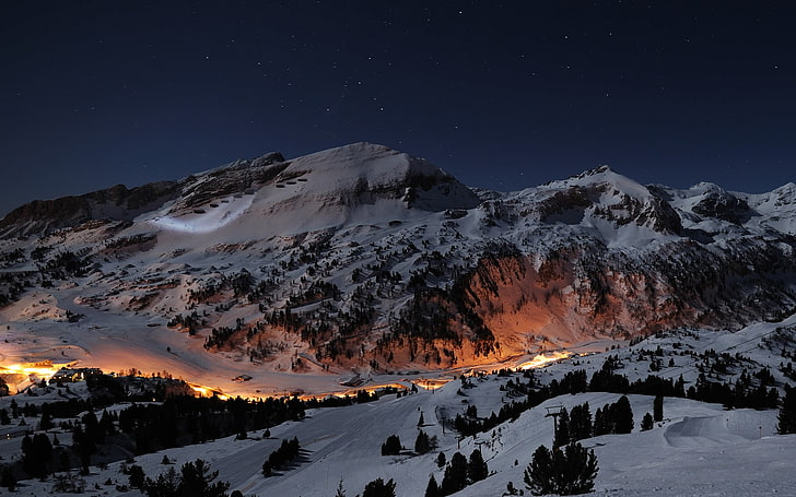 mountain covered by snow, mountains, long exposure, night, lights