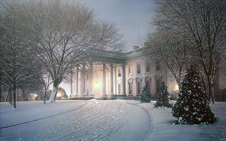 white concrete building illustration, winter, light, snow, trees
