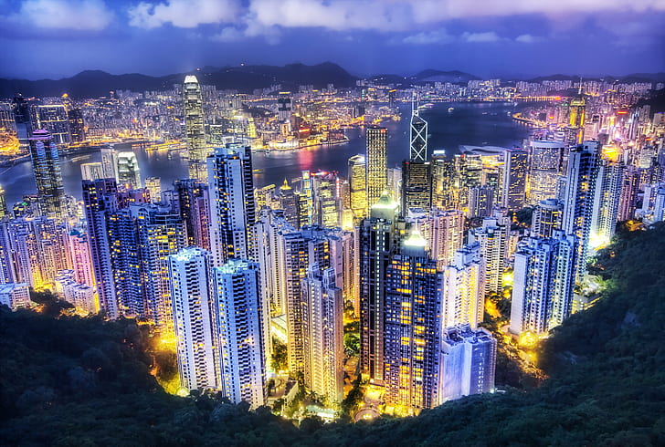 city top view during nighttime, Electric City, Comes, Alive, Hong Kong, HD wallpaper