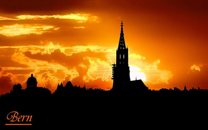 Bern, skyline, city, sunset, cityscape, silhouette, architecture