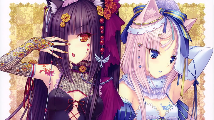 two female anime characters digital wallpaper, anime girls, Chocolat (Neko Para)