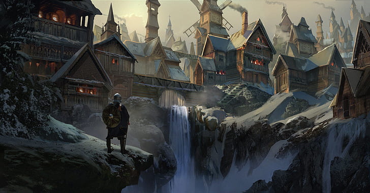 Fantasy, Viking, City, Warrior, Waterfall, Windmill, HD wallpaper