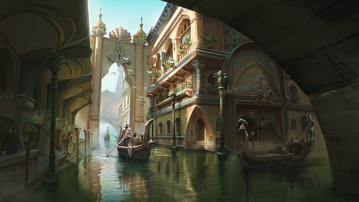 Fantasy, City, Canal, Gondola, HD wallpaper
