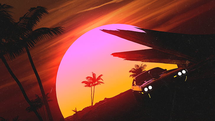 Sunset, The sun, Auto, Music, Machine, Style, Palm trees, 80s, HD wallpaper