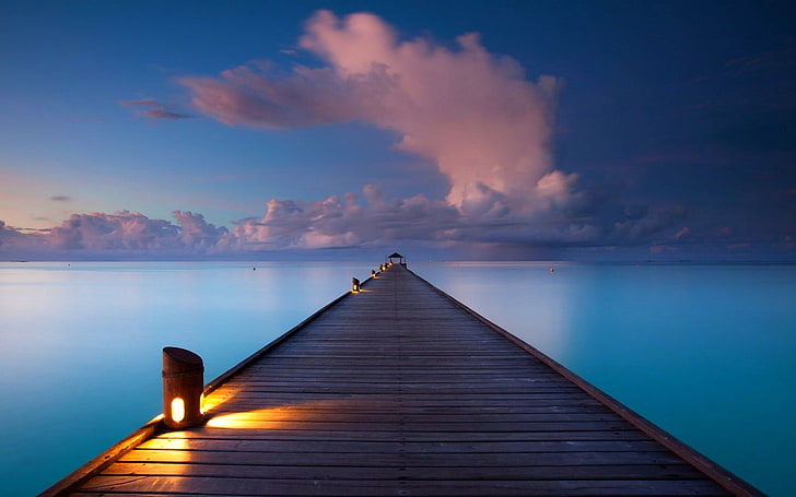 brown wooden dock, walkway, clouds, sea, nature, landscape, Maldives, HD wallpaper