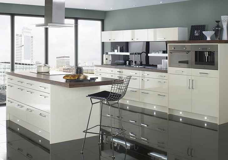 white and gray modular kitchen, design, style, room, interior, HD wallpaper