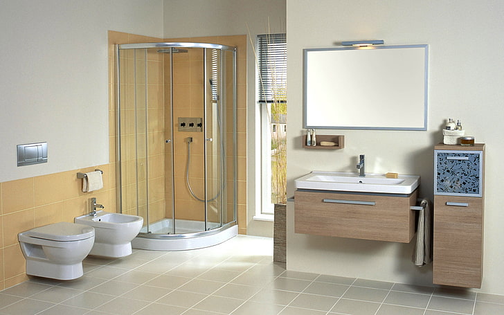 brown and white vanity sink, bathroom, furniture, comfort, style, HD wallpaper