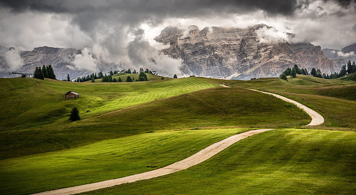 Beautiful Dolomites Mountains Landscape, green grass, Europe