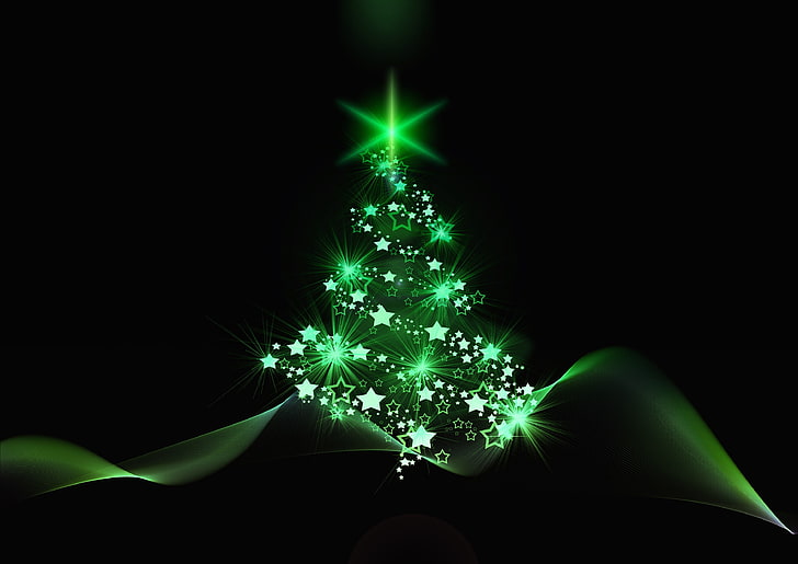 green Christmas tree star digital wallpaper, art, abstract, backgrounds