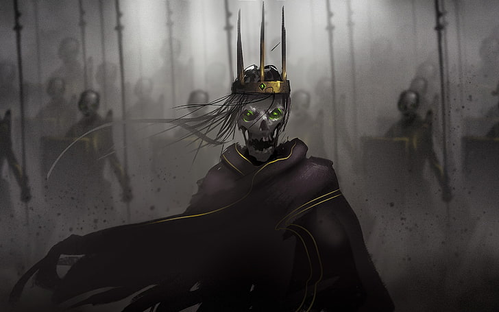 skeleton soldier wearing gold crown illustration, digital art