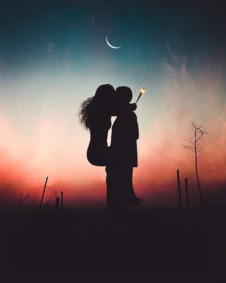 Kiss, Sunset, Couple, Lovers, silhouette, sky, two people, standing, HD wallpaper